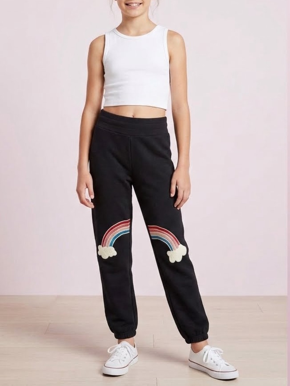 Wildfox Kids Navy Sweatpants Rainbow Graphic Design Knees NEW XL Size 14-16 NWT